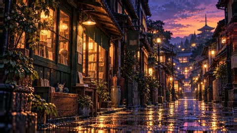 A warm bookshop in a quiet Japan-inspired street