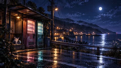 A moonlit seaside stop with vending machines