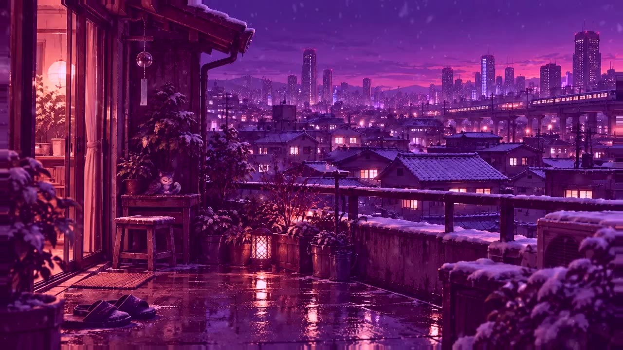 Warm windows above a snowy Japan-inspired city at twilight